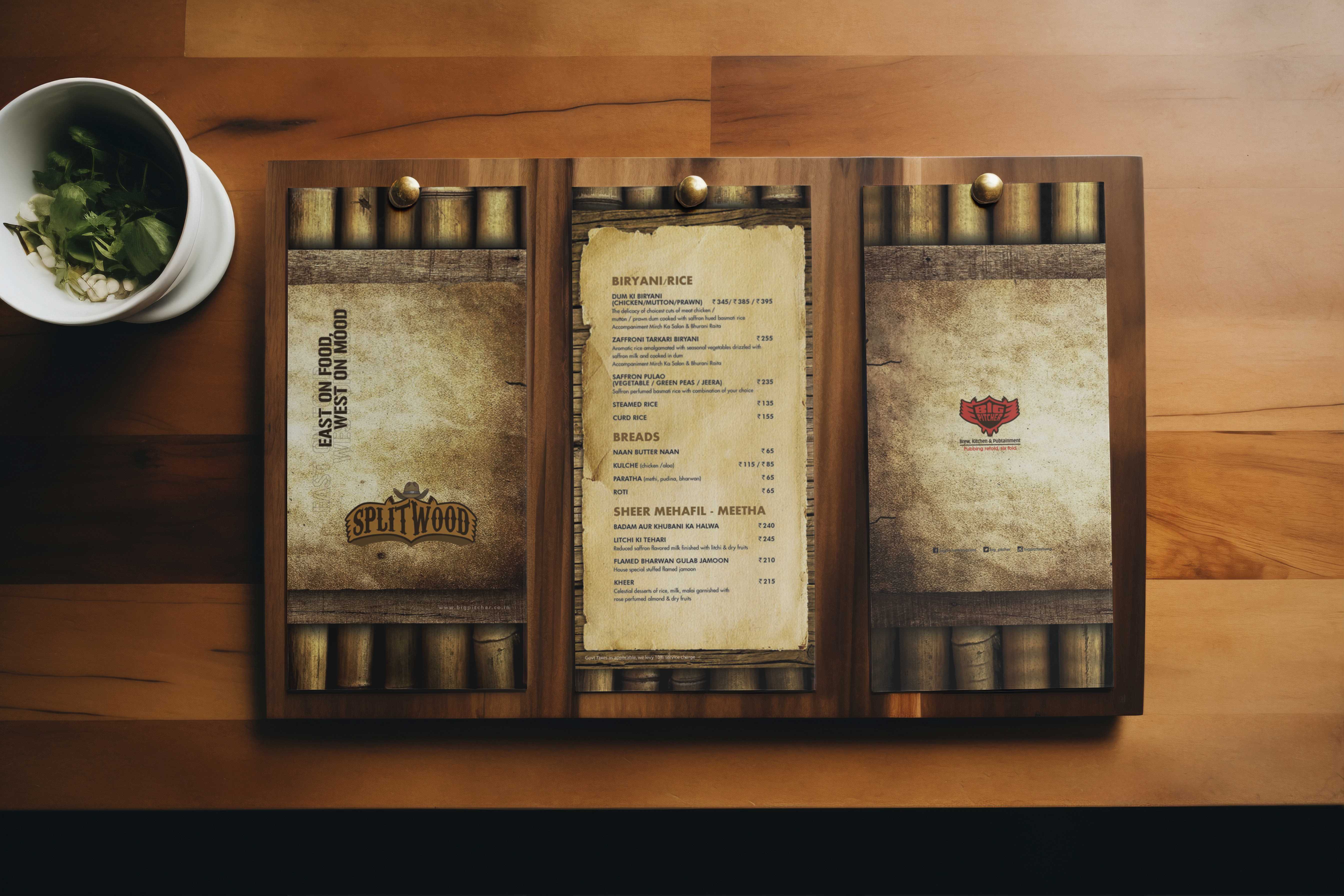 Splitwood — wooden trifold menu on a dining table