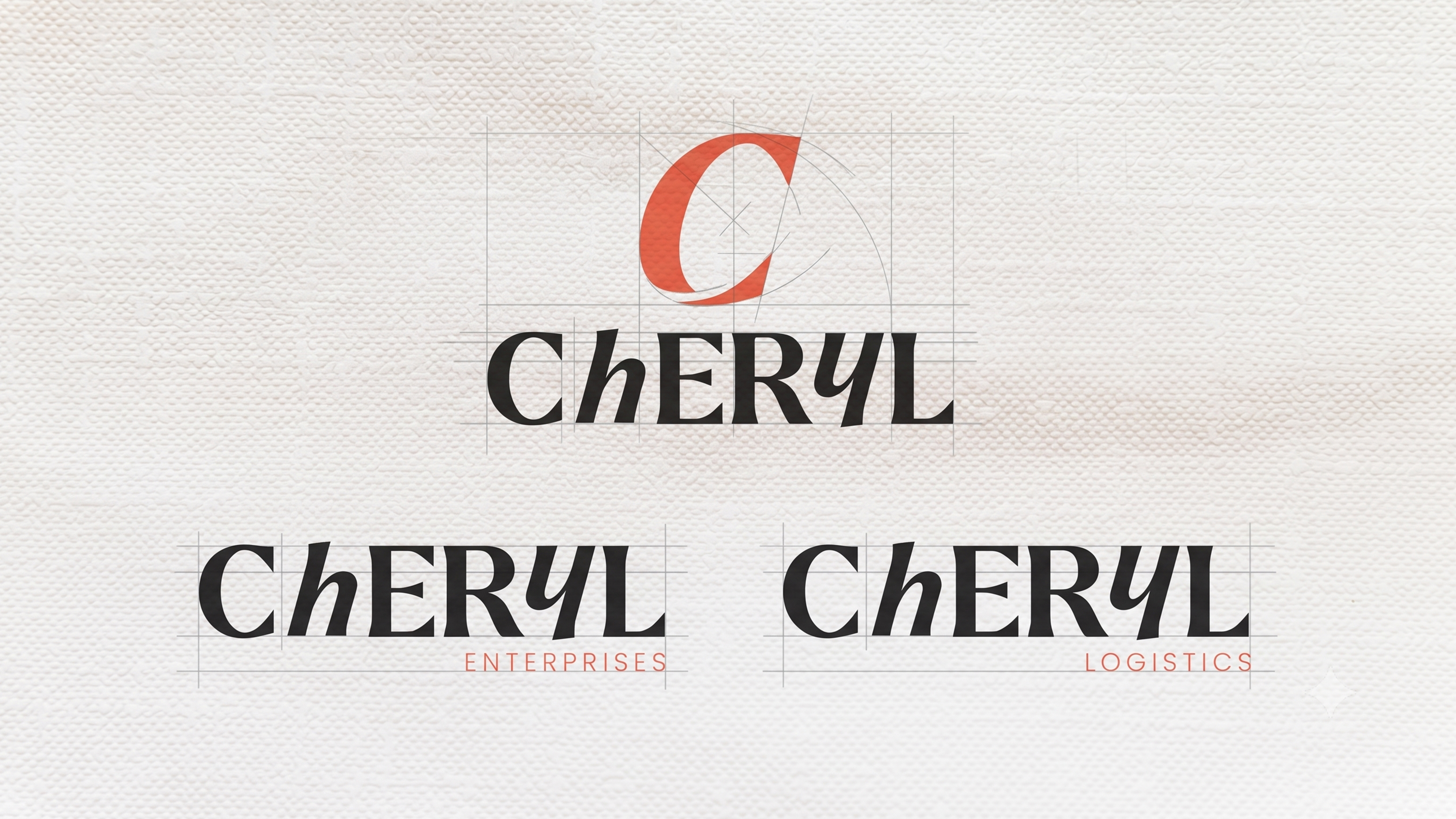 Cheryl — final logo construction showing the C icon and Enterprises/Logistics wordmark variants