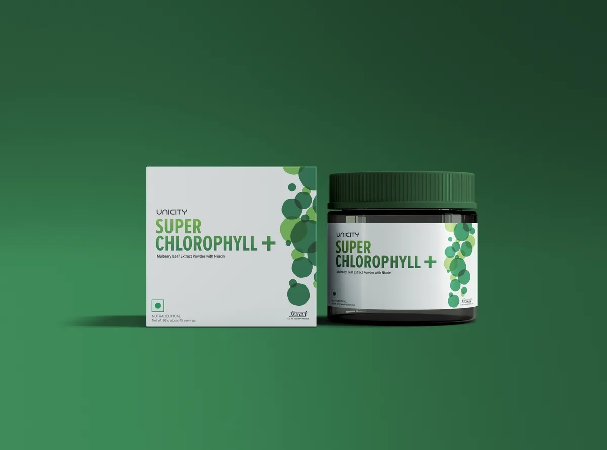 Unicity Super Chlorophyll+ packaging — box and jar, rotating label variants