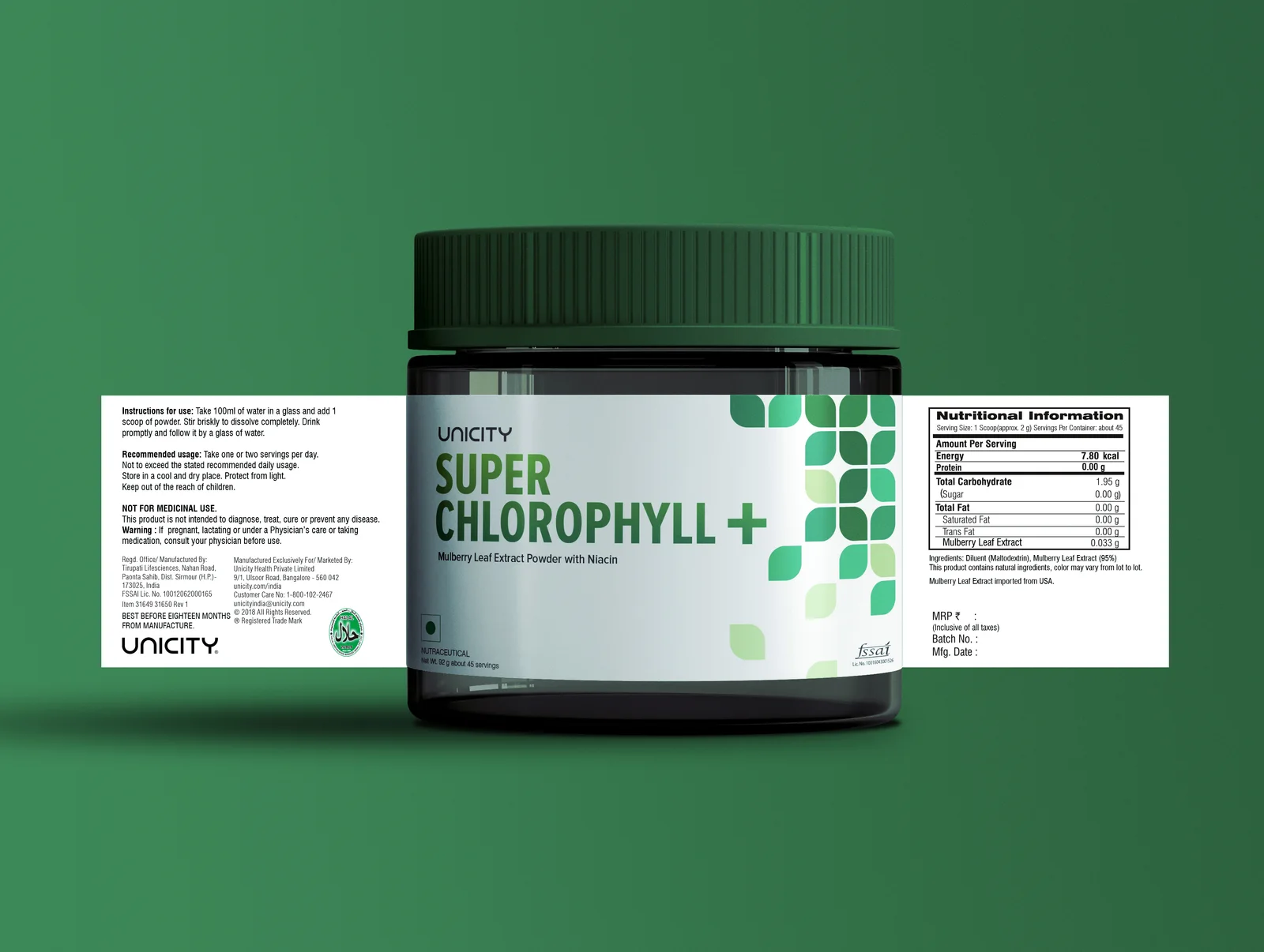 Unicity Super Chlorophyll+ jar with the full label panel unrolled — front, ingredients and nutritional information